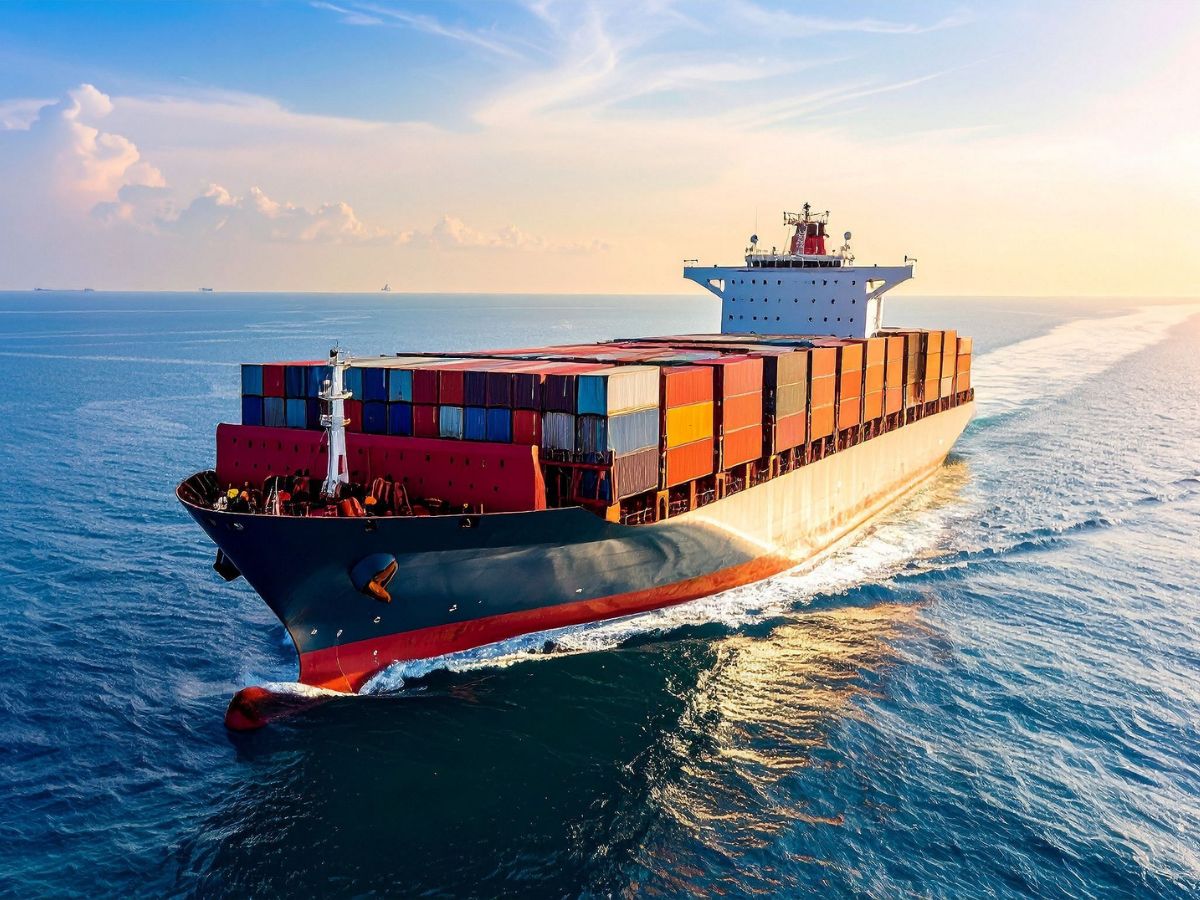 Container ship loaded with cargo sailing across the ocean